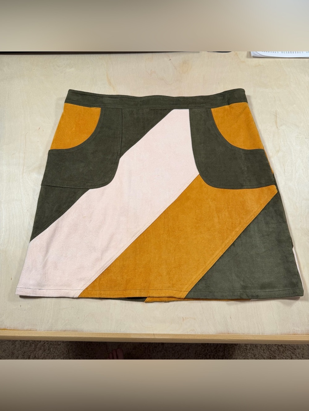 Women Skies Are Blue Skirt, Color Block Faux Suede W/ Pockets Size Large